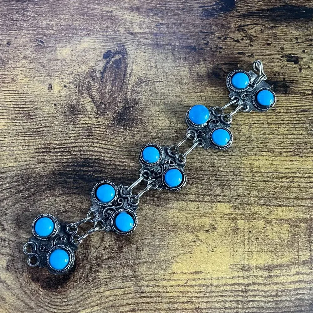 Vintage Southwestern Turquoise Blue Stone Silver Tone Link Bracelet Boho